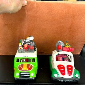 Mexican ceramic souvenir of tour bus and Volkswagen beetle w/ fruit and animals